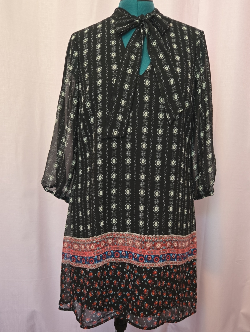 Lily Rose Black Floral Trim Dress with Tie Neck